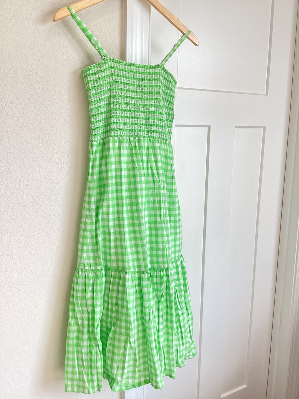J Crew Smocked Sleeveless Tiered Midi Dress XS Gingham Green White - Picture 2 of 8